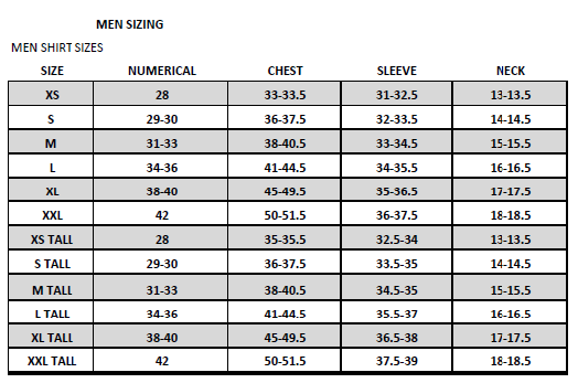 dress shirt sizes