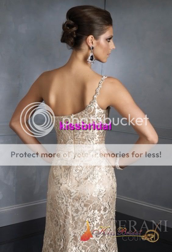   One Shoulder Beaded Sleeveless Lace Zip Back Prom Dresses Gown