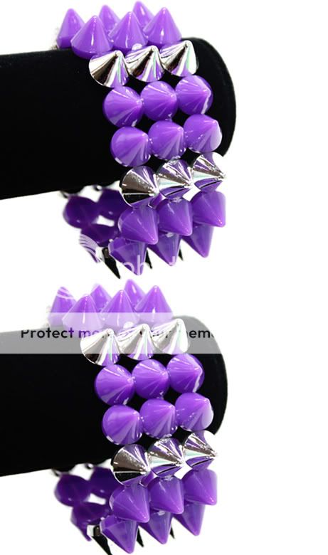 Purple Silver Three Row Plastic Spike Elastic Bracelet  