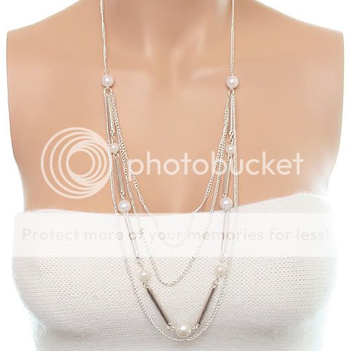 Silver White Long Dangling Faux Pearl Necklace Earrings Set  